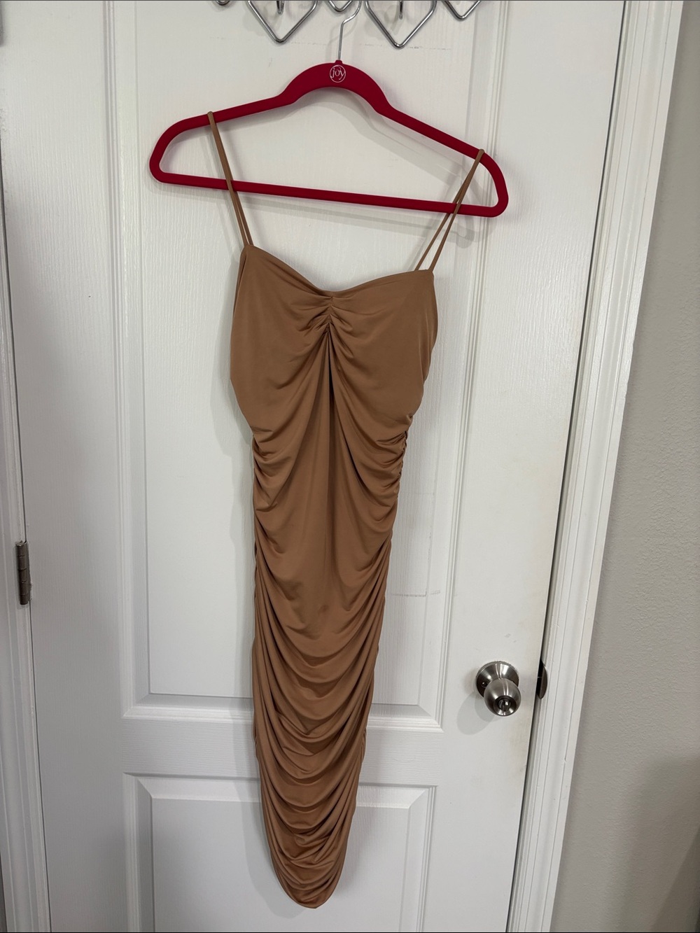 Express Tan Ruched Spaghetti-Strap Midi Dress